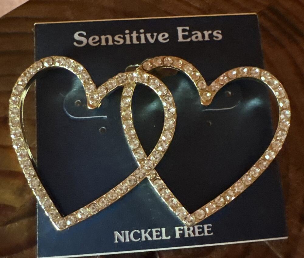 Sensitive Ears Silver Tone Heart Earrings 2 1/2" CZ Stones NEW